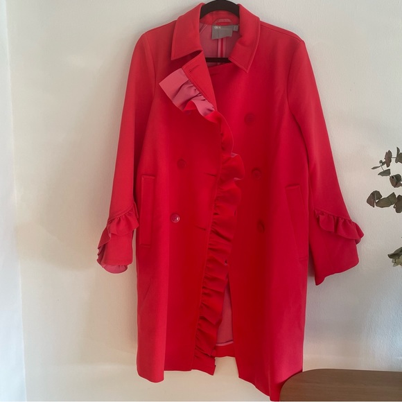 ASOS DESIGN Petite Frill Bonded Red Pink Ruffle Double Breasted Trench Coat 6 - Picture 3 of 14
